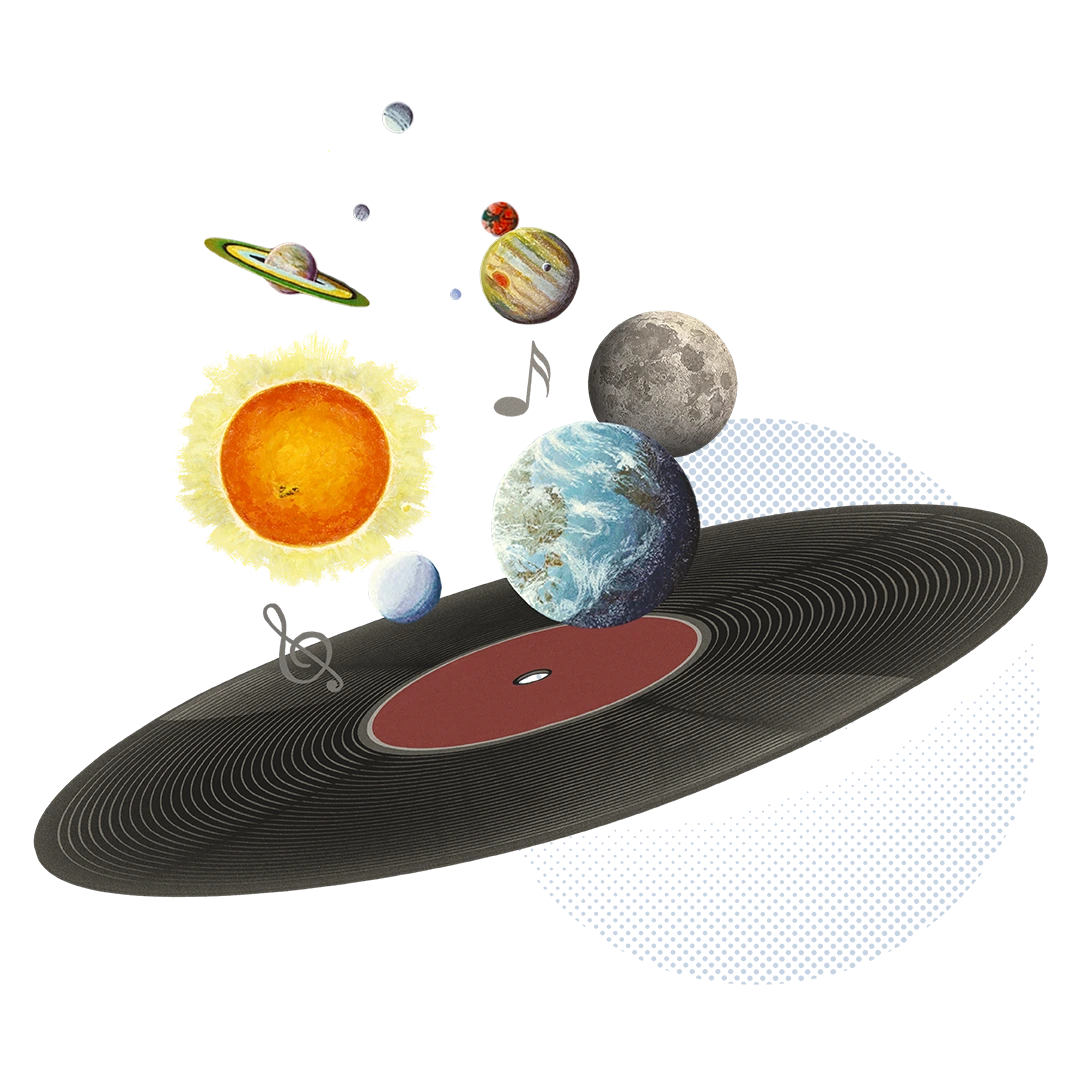 Collage of planets rising from a record disk and floating up into space