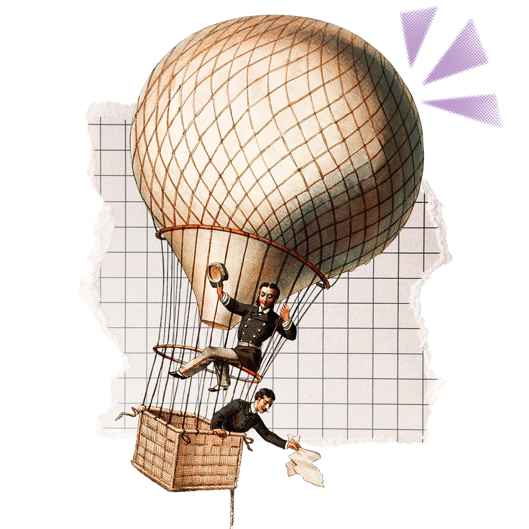 Collage of two individuals flying away happily on a balloon
