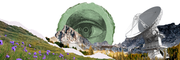 Collage of an all-seeing eye tucked behind a rolling meadow and giant satellite 