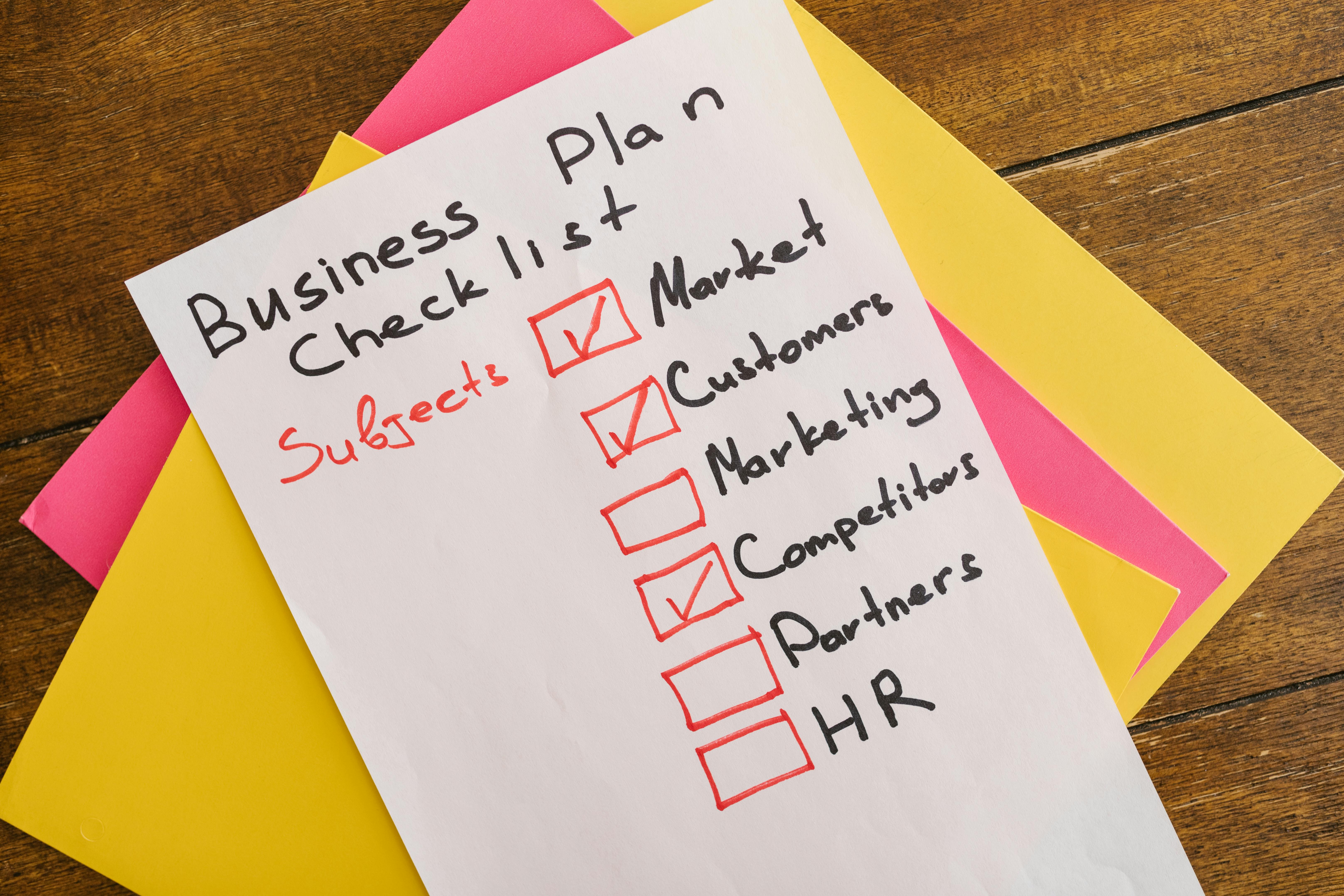Business plan checklist on paper
