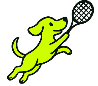 Green cartoon dog jumping to catch a tennis racket.