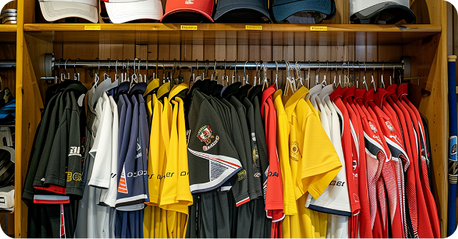 Wooden wardrobe with multiple colorful sports jerseys and caps neatly hanging and displayed on racks.