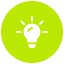 White light bulb icon with glow and rays on a lime green circular background.
