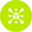 White interconnected nodes icon on a bright green circular background.