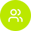 White icon of three human figures on a bright green circular background representing a group or community.