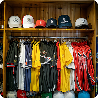 Wooden wardrobe displaying six caps with cricket logos on top shelf and colorful cricket jerseys hanging below.