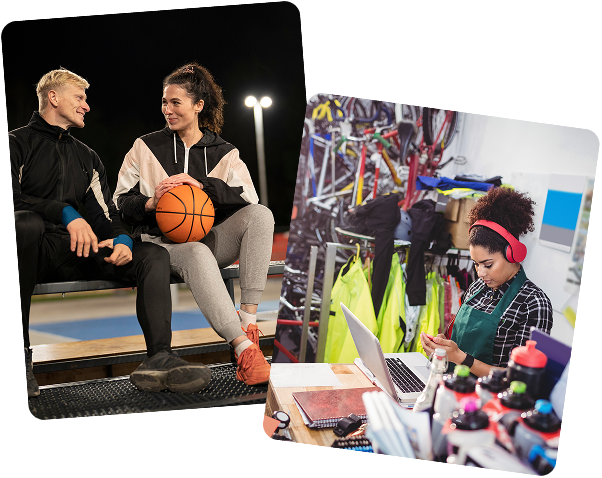 A man and woman sitting on bleachers at a basketball court, smiling with a basketball, and a woman wearing headphones working on a laptop in a bike repair shop.