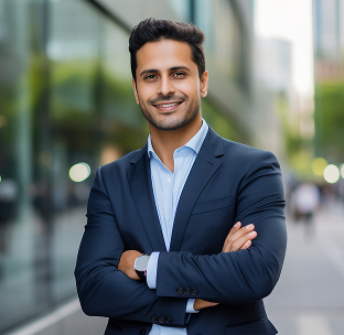 Confident man in a navy blazer and light blue shirt standing with arms crossed outdoors in an urban setting.