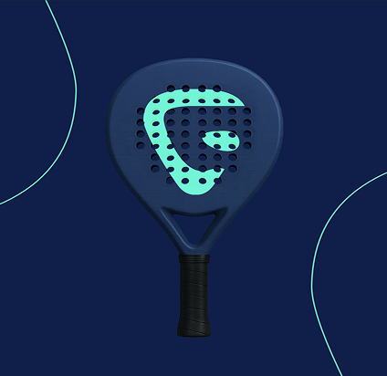 Blue padel racket with a black gripped handle and a light blue geometric design on the face, set against a dark blue background with curved lines.