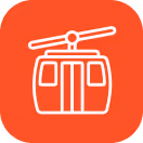 White line drawing icon of a ski lift on a red background.