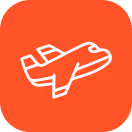 White line drawing icon of a plane on a red background.