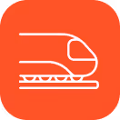 White line drawing icon of a train on a red background.