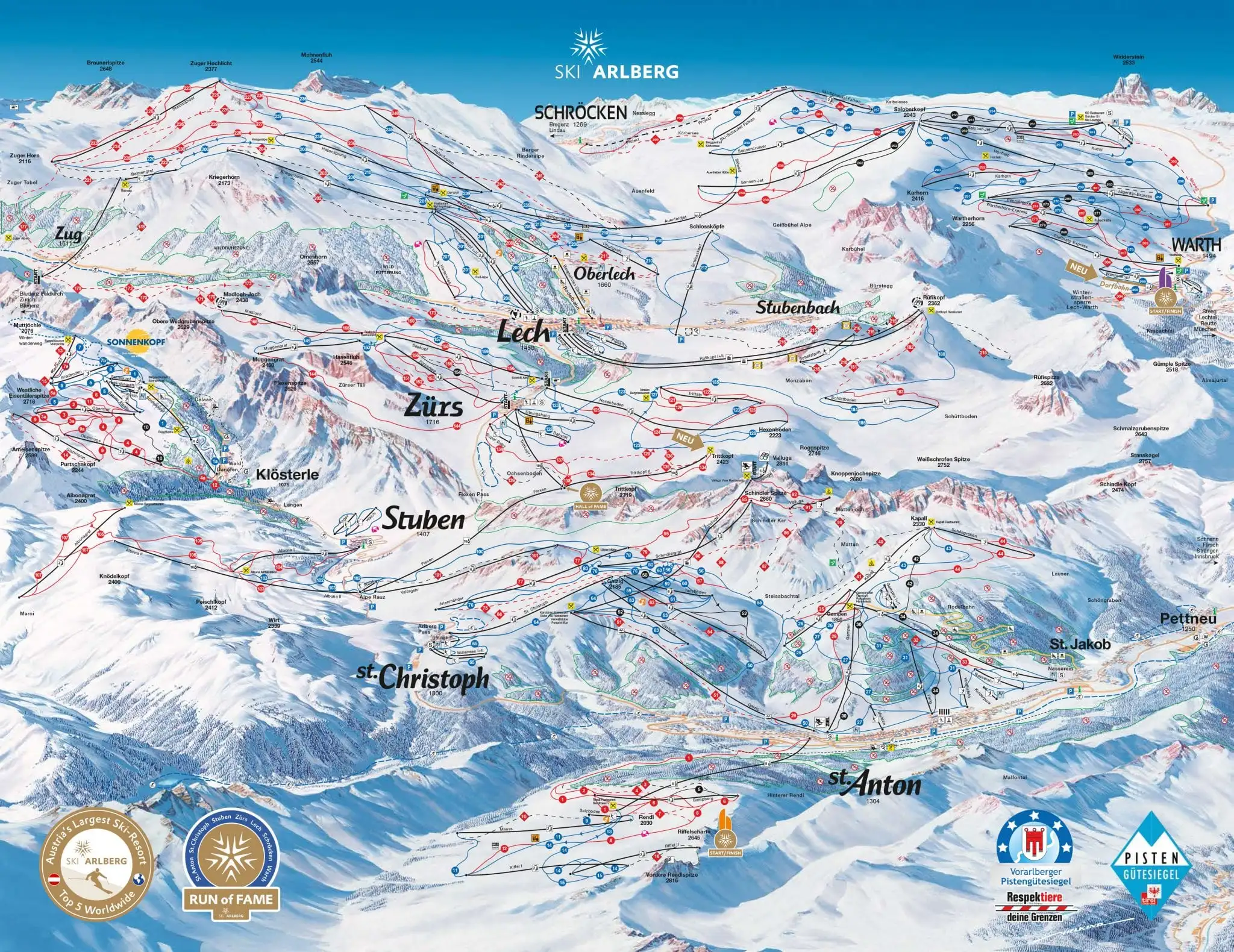 an extensive ski map of the ski resort, Lech
