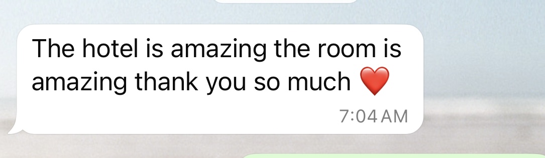 A text message screenshot showing a white message bubble with the text 'The hotel is amazing the room is amazing thank you so much', followed by a red heart emoji.