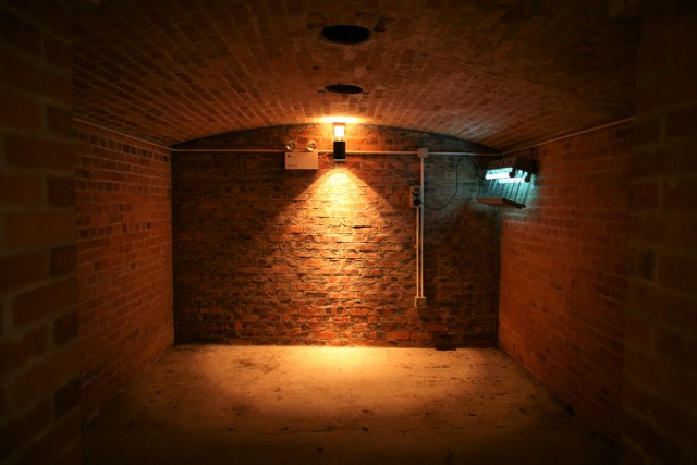Dimly lit brick-walled escape room with arched ceiling and single light fixture creating a mysterious atmosphere.