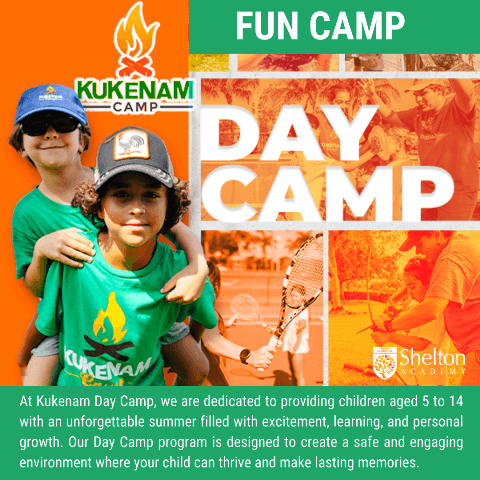Two children wearing Kukenaam Camp shirts and hats smile, surrounded by images of kids playing sports, promoting Kukenaam Day Camp for ages 3 to 13