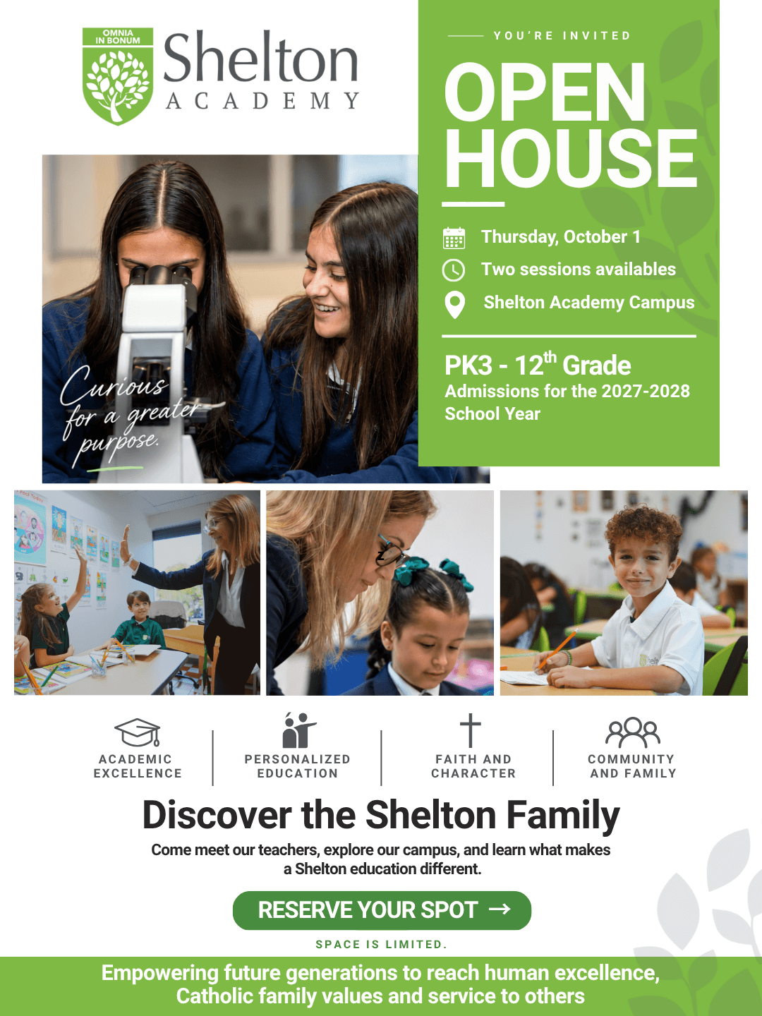 Shelton Academy open house invitation for PK3 to 12th grade admissions for 2027-2028 school year on Thursday, October 1, with two sessions at Shelton Academy Campus. Images show a girl looking through microscope with another smiling girl, a teacher high-fiving a student in a classroom, a teacher helping a young girl with braided hair, and a boy smiling while writing at a desk. Highlights include academic excellence, personalized education, faith and character, and community and family. Encourages reserving a spot to discover the Shelton family and their education values.