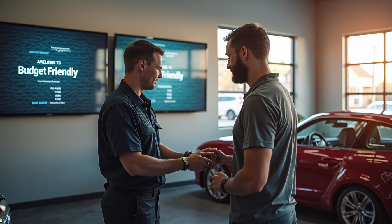 Mechanic and customer review car repair estimate on shop TV