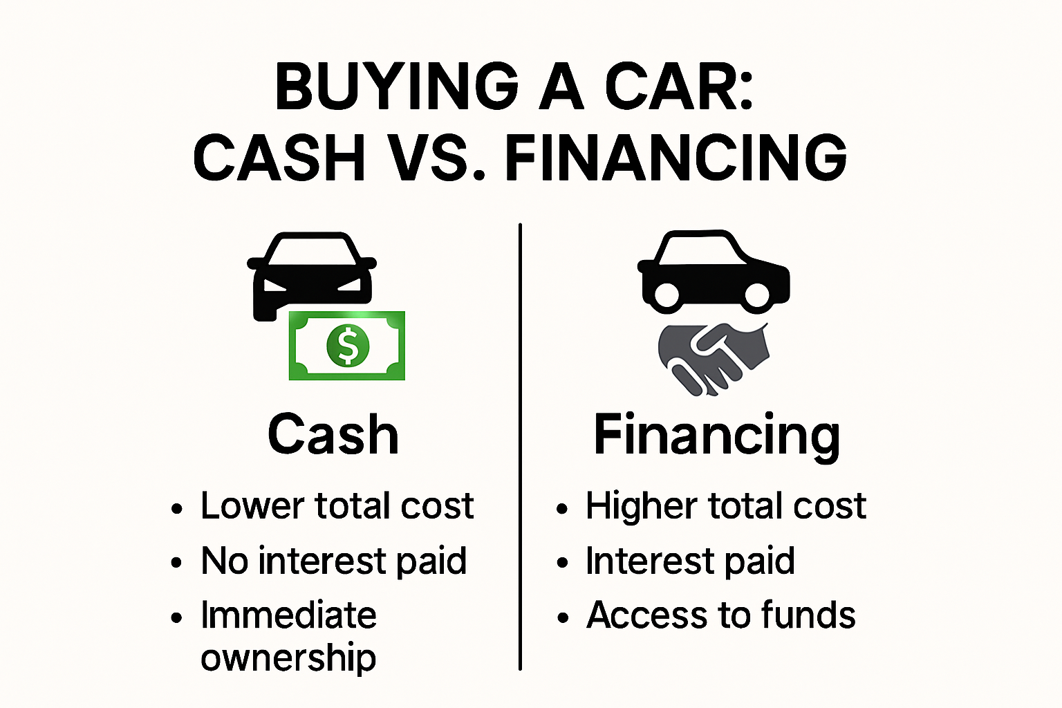 Infographic comparing paying cash vs financing a car