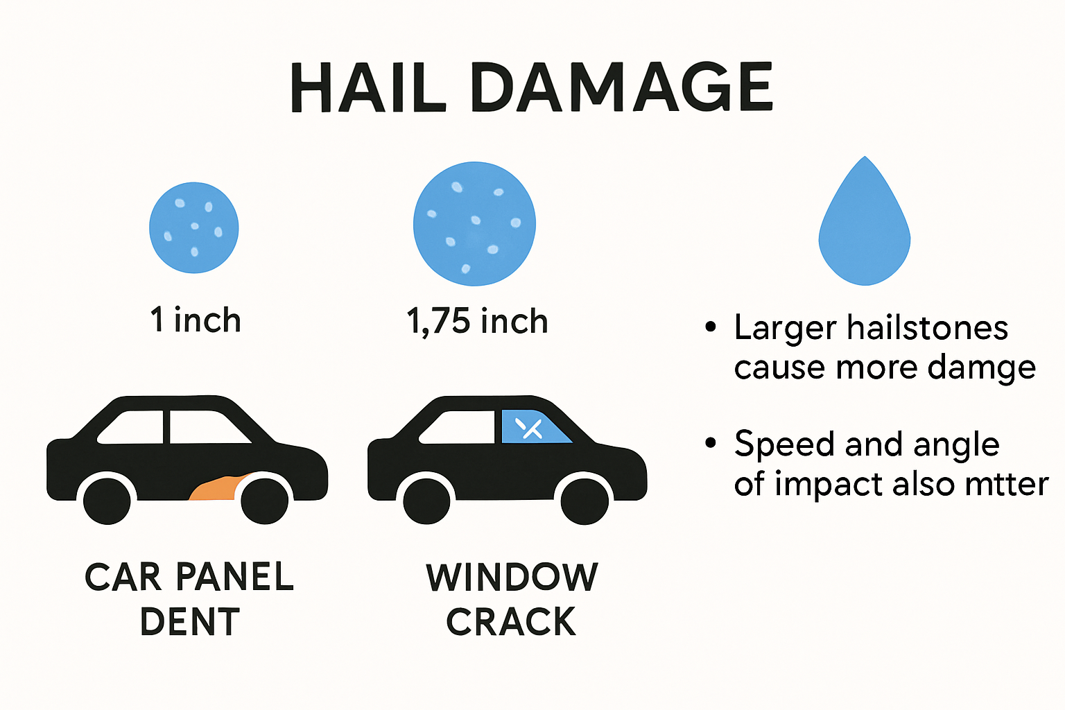 Infographic showing hailstones damaging cars of various materials.