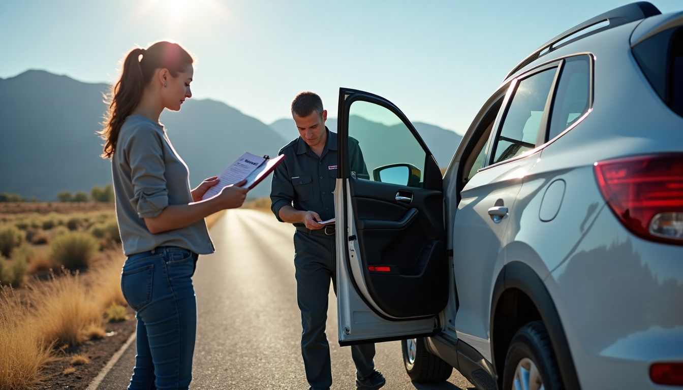 Utah roadside tire inspection with woman and mechanic by SUV