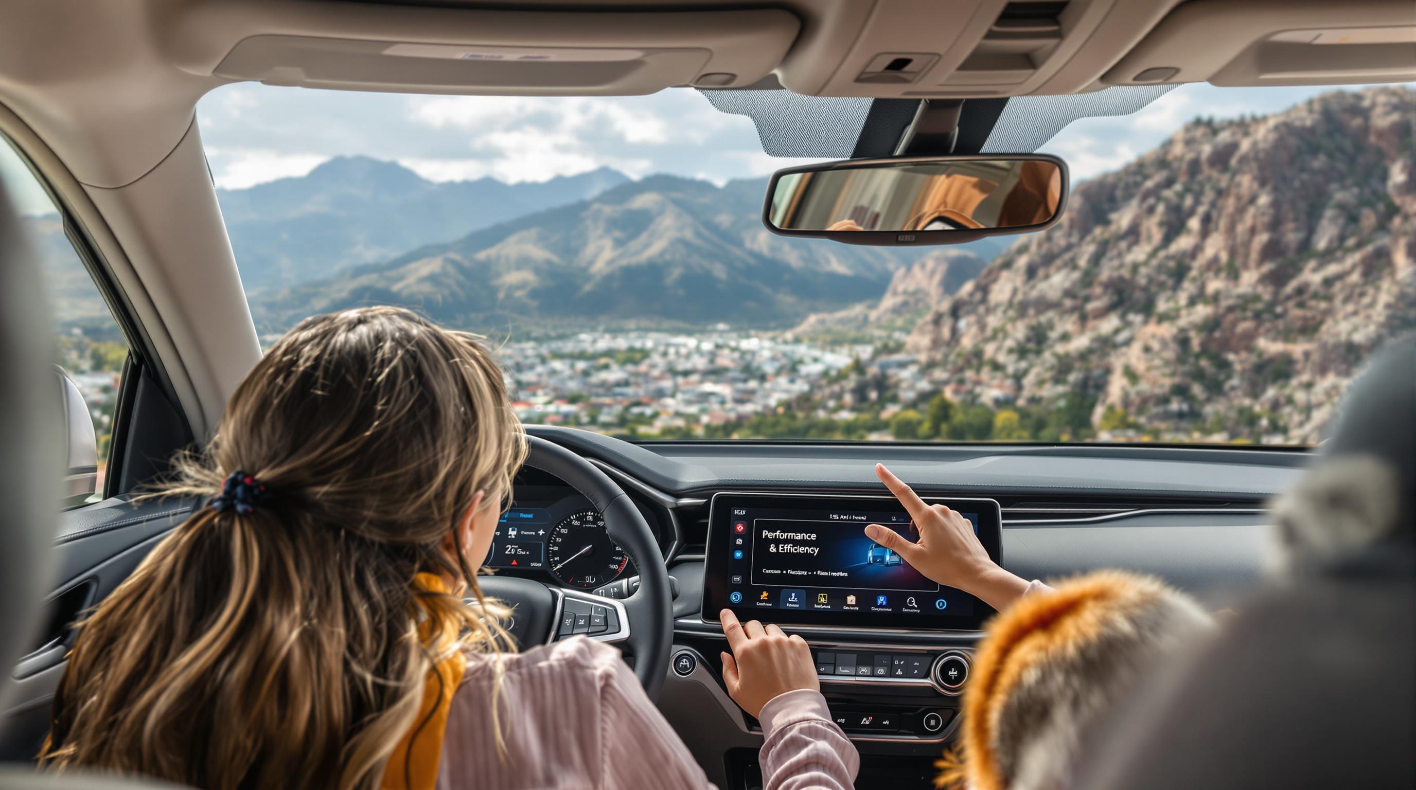 Family with hybrid SUV overlooking Utah mountains reviewing vehicle efficiency
