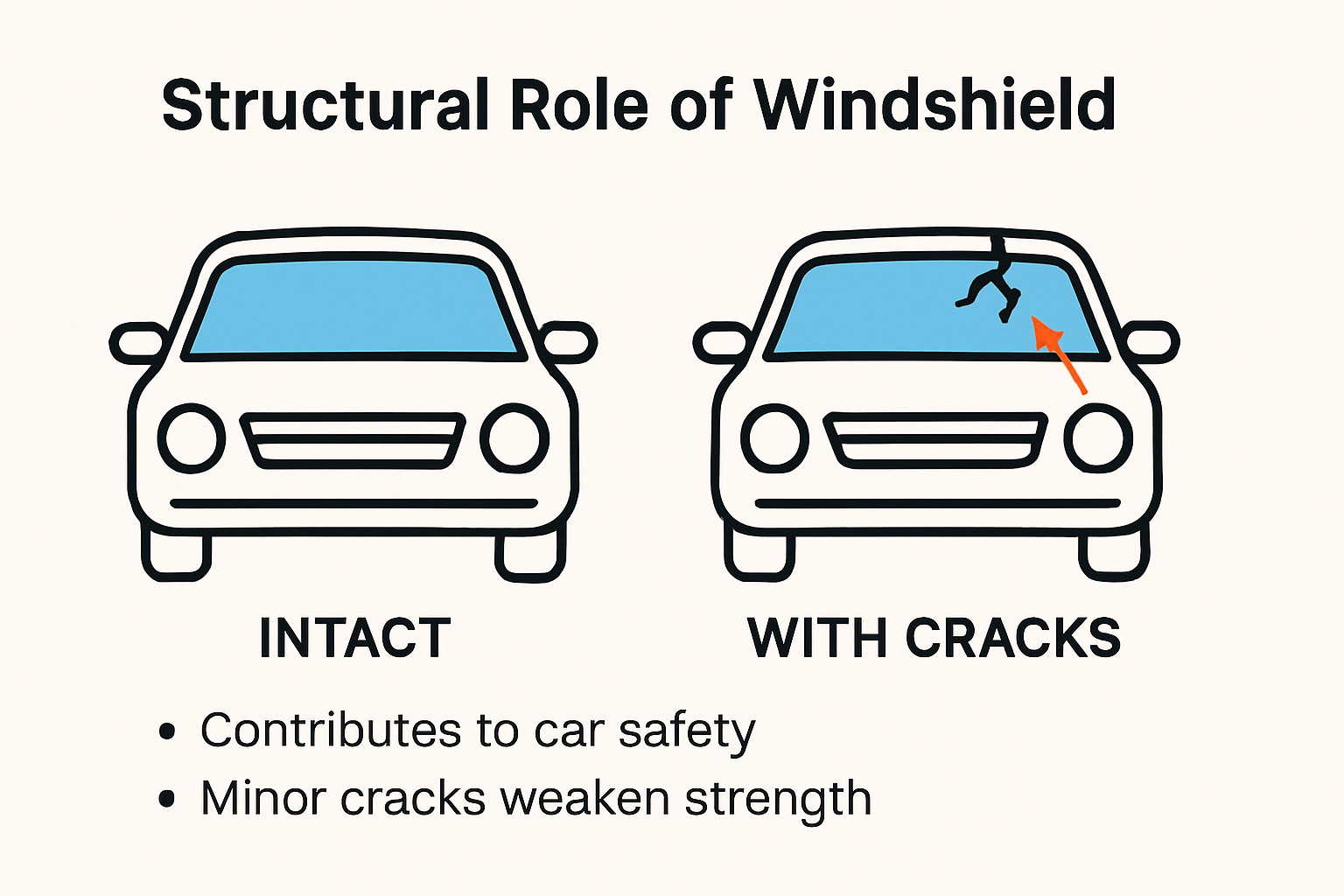 Infographic showing windshield structural integrity and crack impact