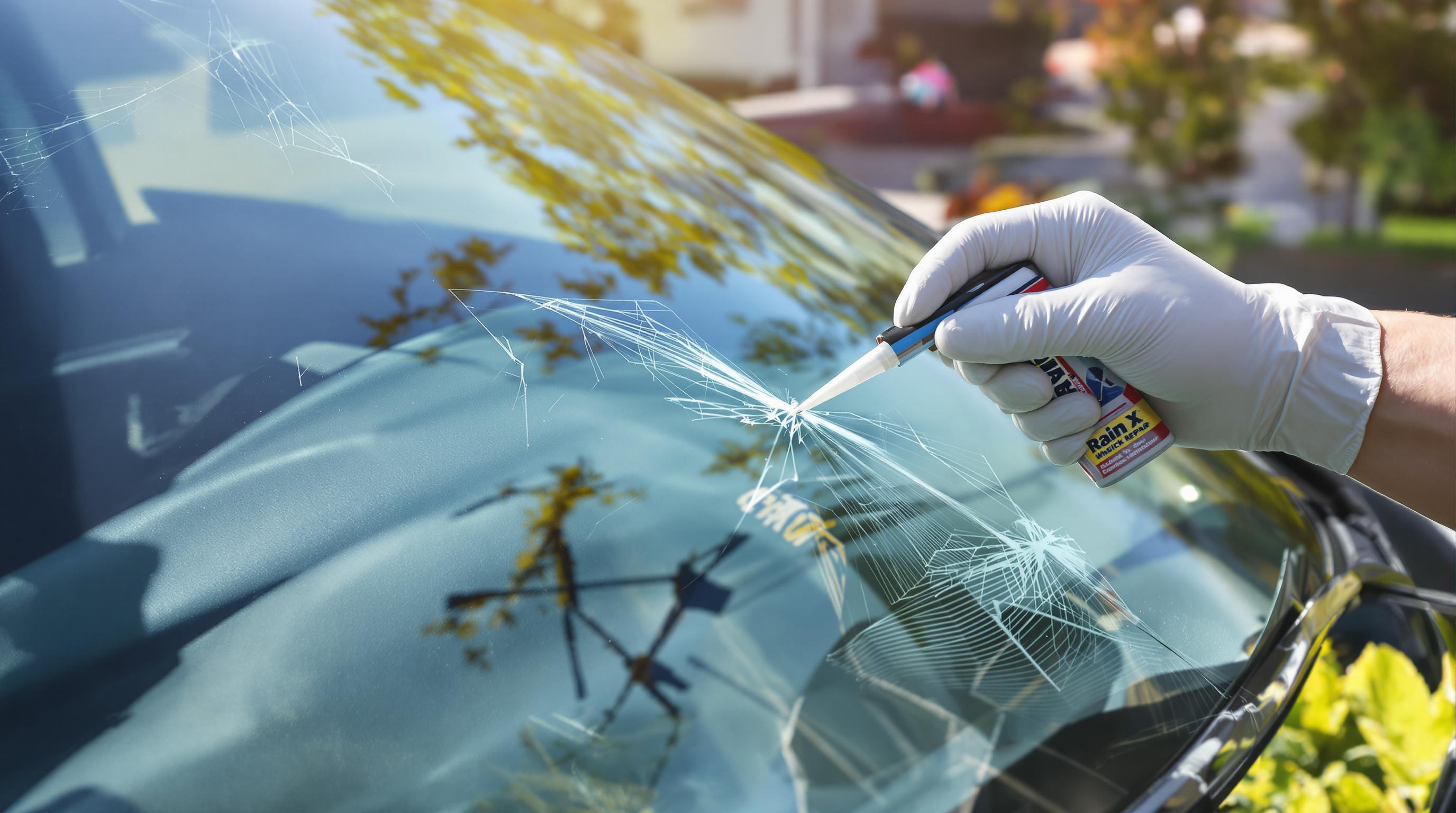 Hands apply Rain X repair kit to cracked windshield in sunny driveway