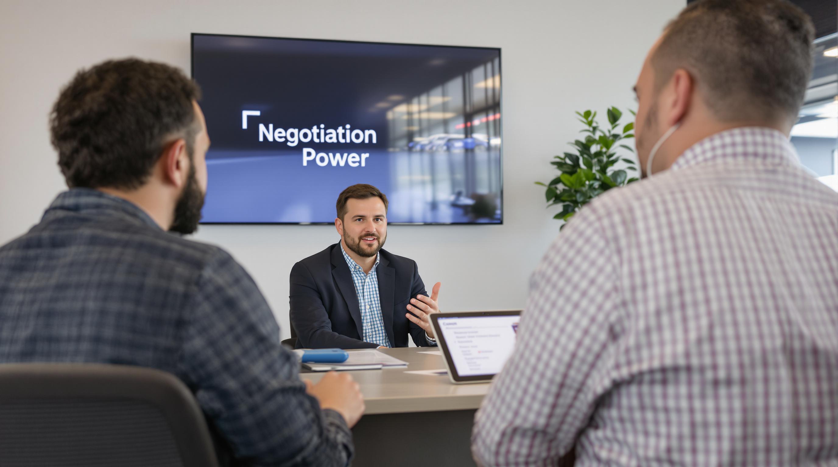 Car buyers negotiating in dealership with 'Negotiation Power' on screen