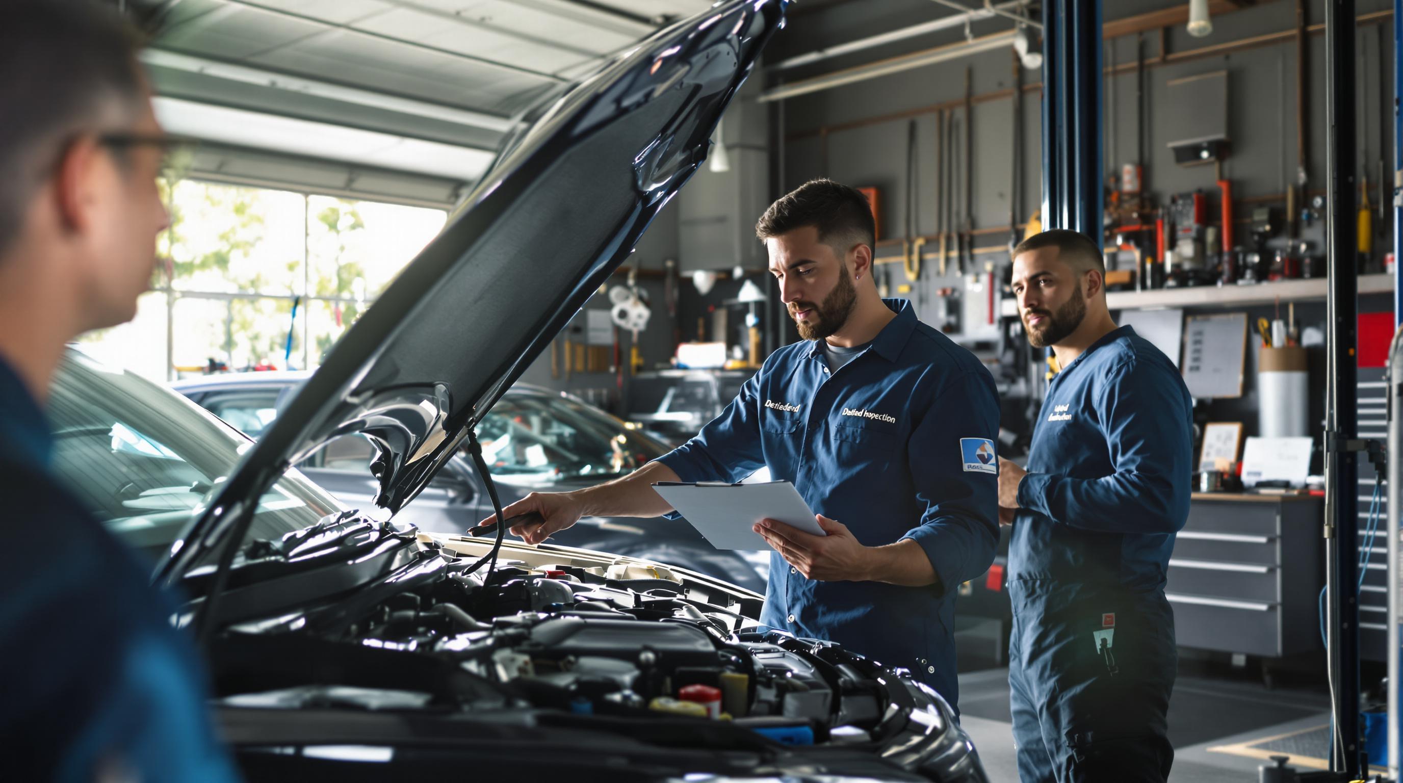 Mechanic performing detailed inspection on used car as owner observes
