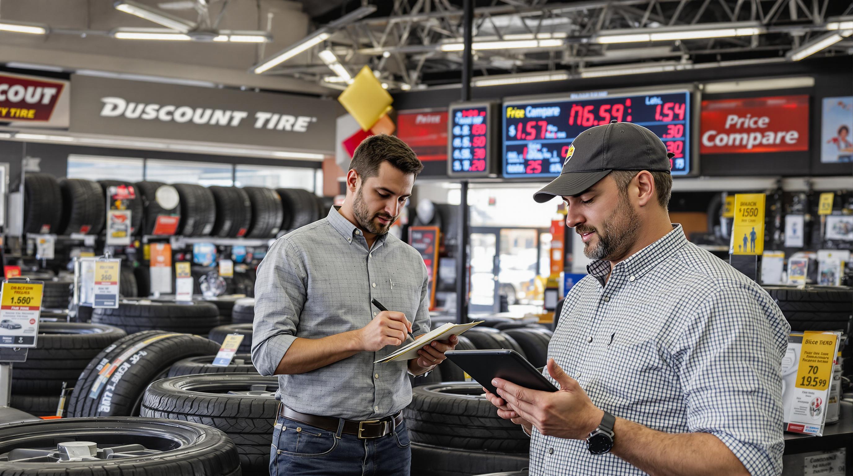 Two shoppers compare tire prices in Utah store using notepad and tablet
