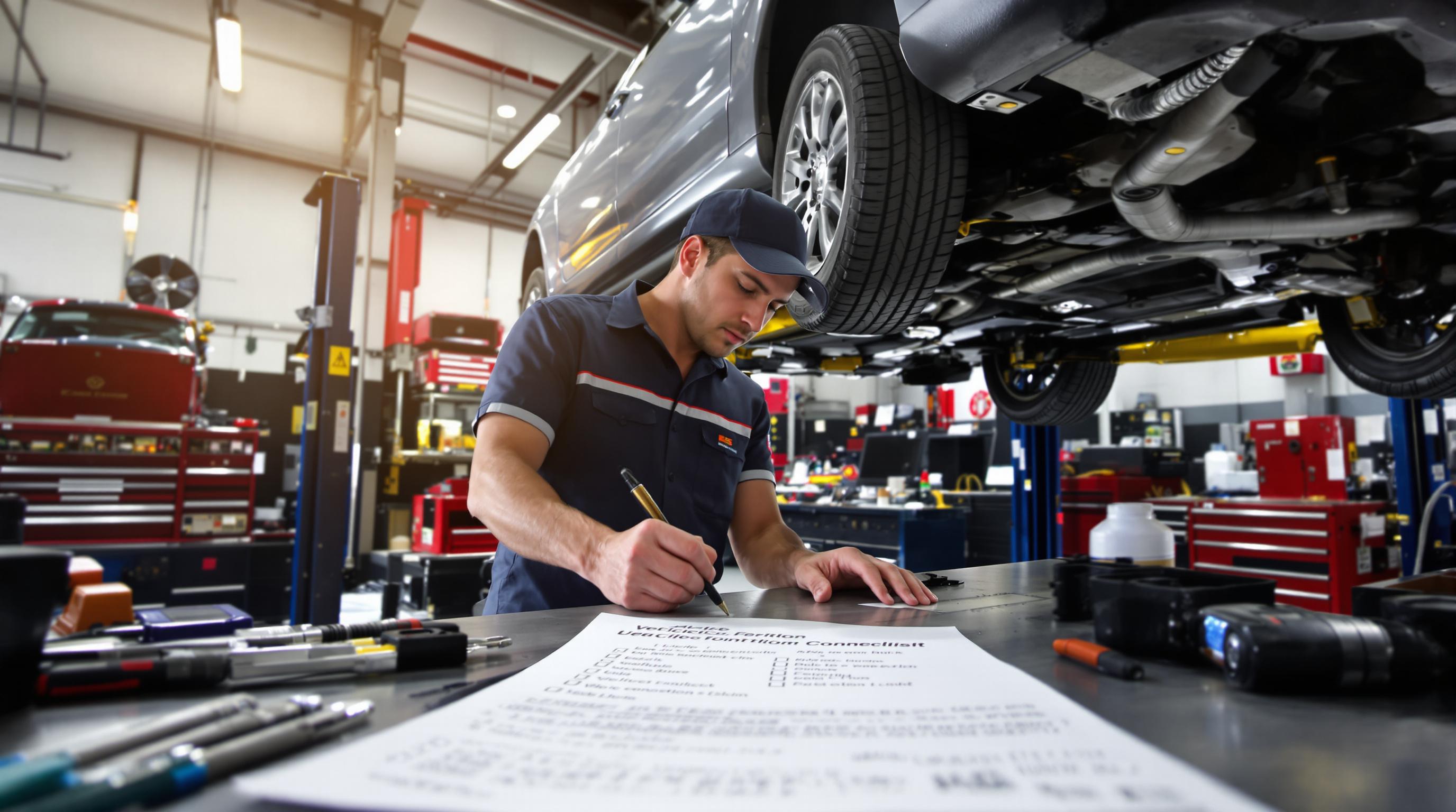 Mechanic inspects car undercarriage and marks condition checklist