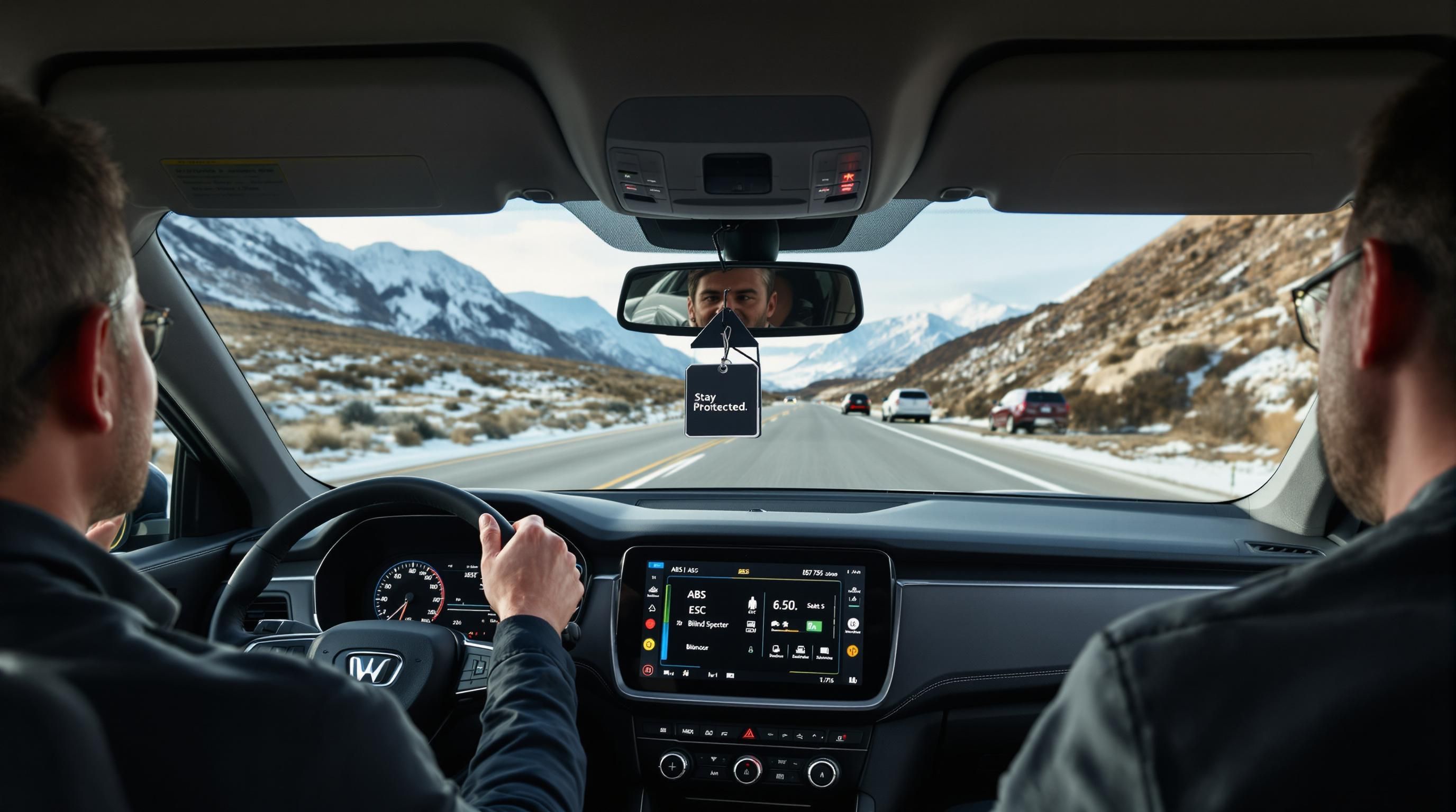 Drivers examine car dashboard safety features on Utah road