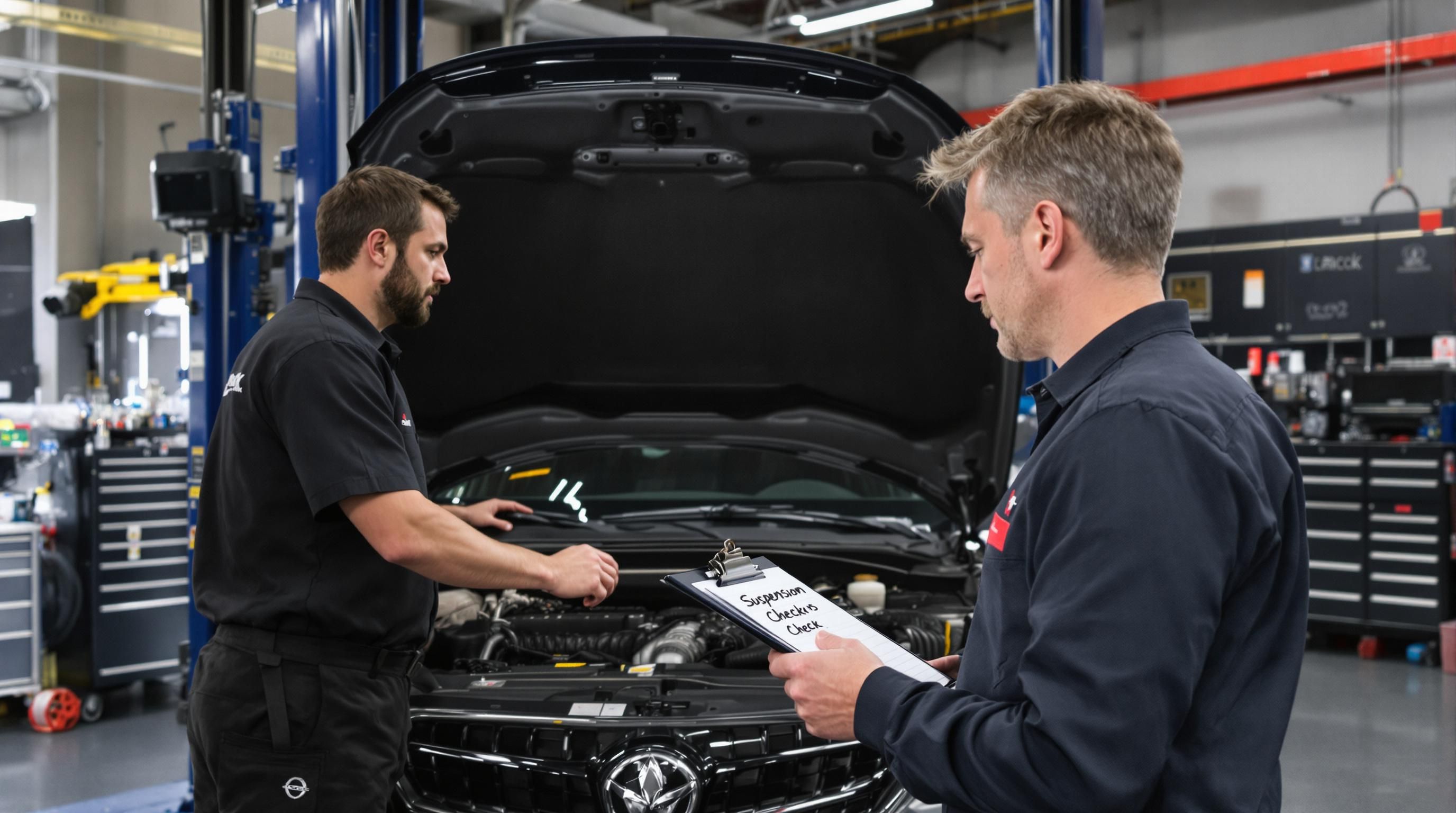 Mechanic tests car suspension in urban garage with customer