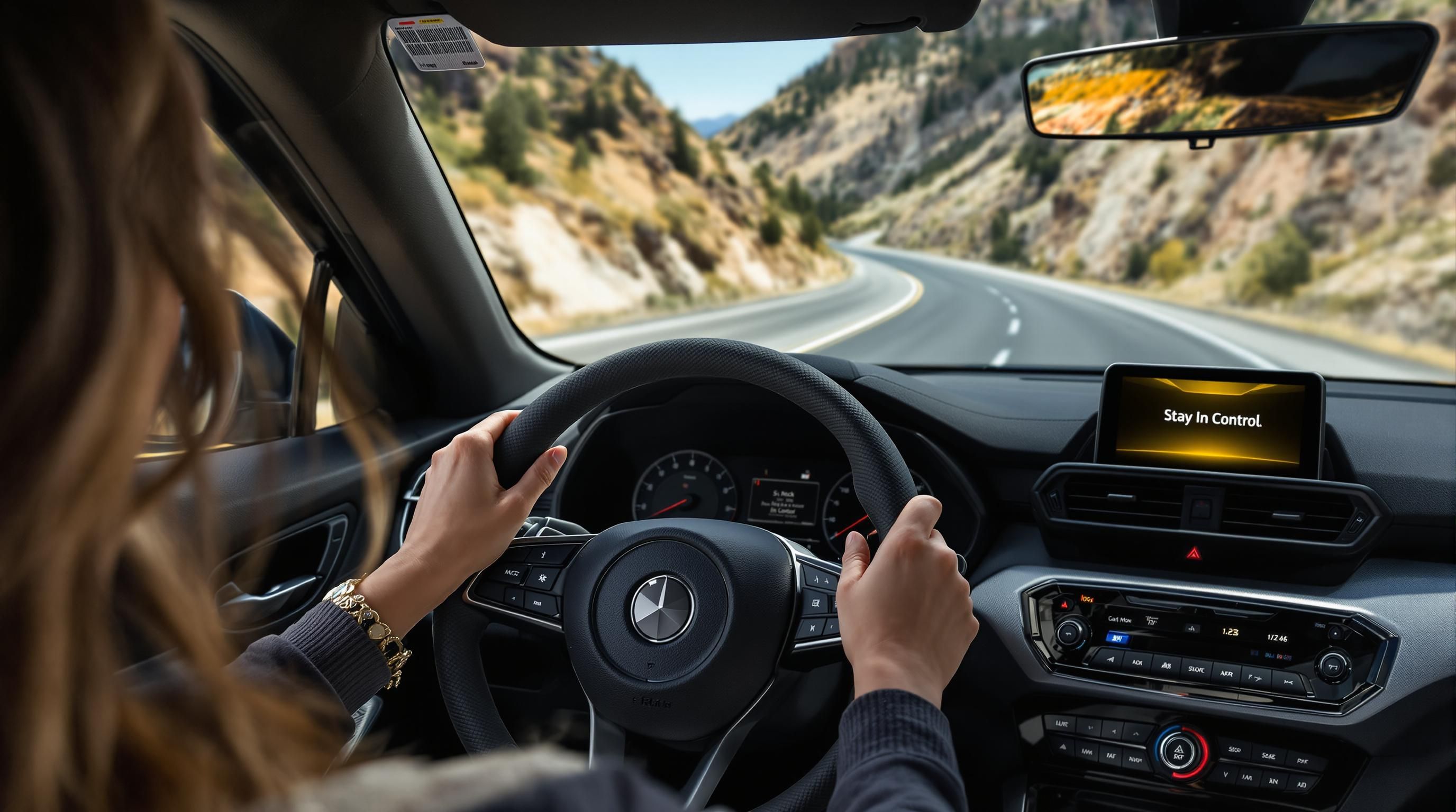 Young driver uses modern steering wheel on Utah mountain road