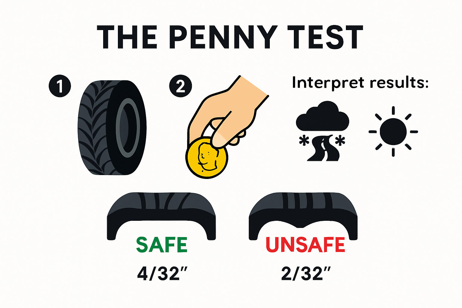 Infographic showing penny test steps and safe tire tread depth visual guide