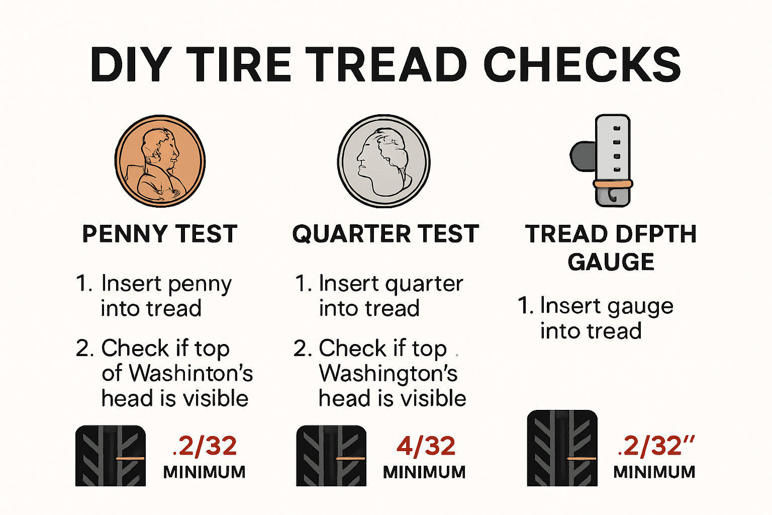Infographic of Penny Test, Quarter Test, and gauge methods for checking tire tread
