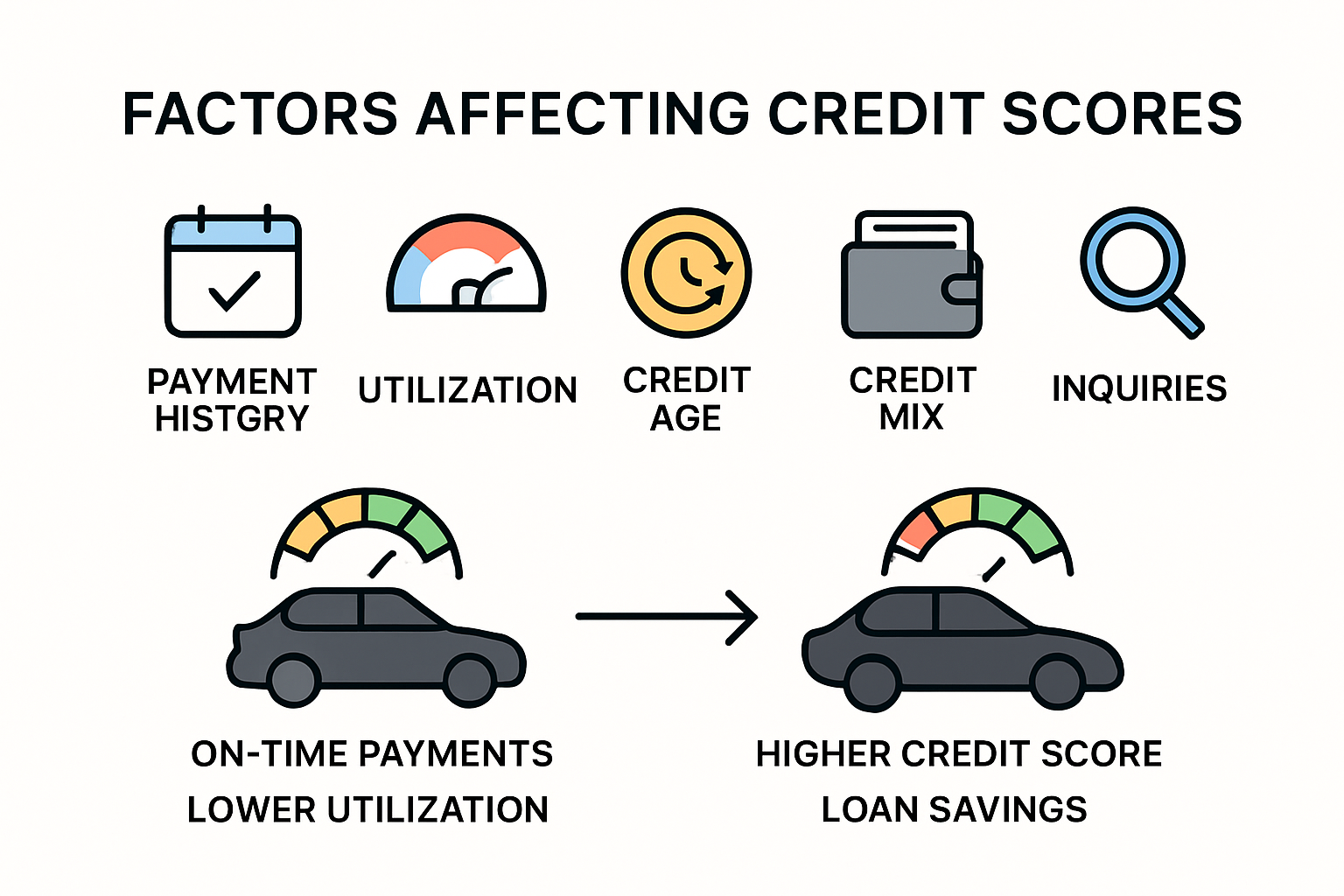 Infographic showing five main factors of credit score improvement
