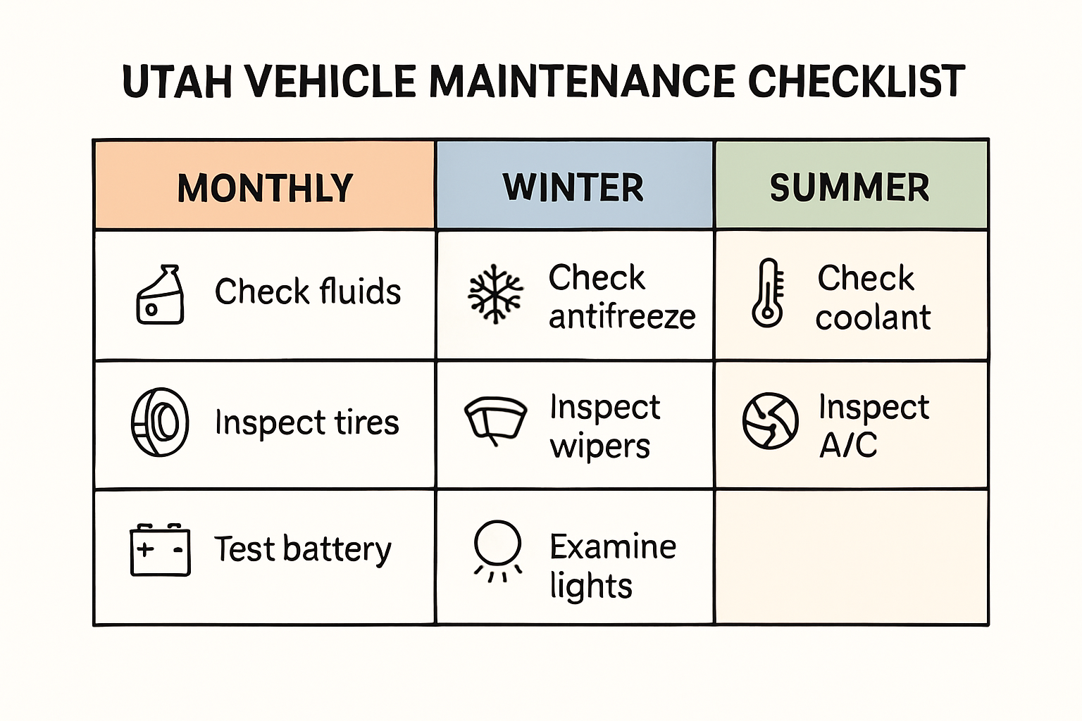 Utah vehicle maintenance checklist infographic for monthly and seasonal care