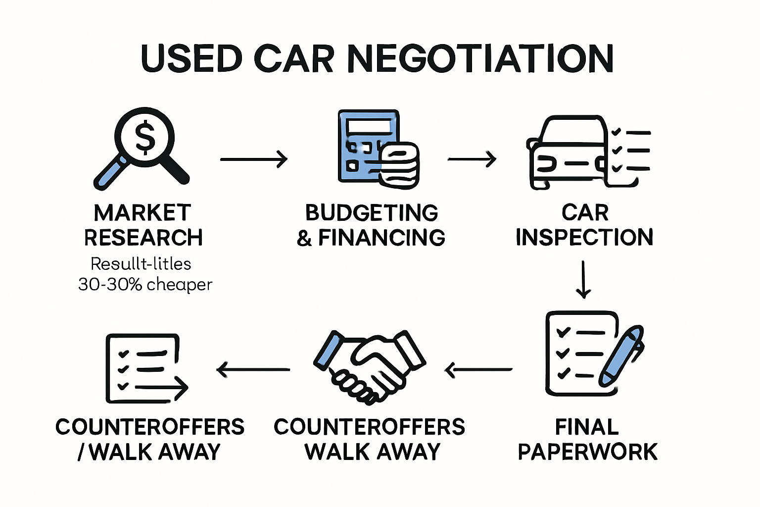 Infographic summarizing 6 steps for used car negotiation success