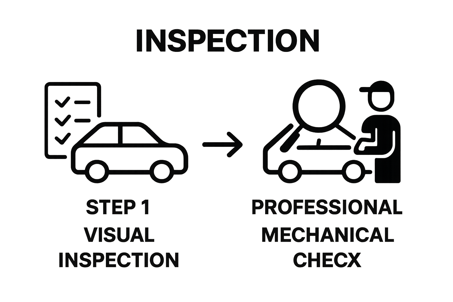 Infographic visualizing used car inspection sequence: checklist, magnifying glass, mechanic