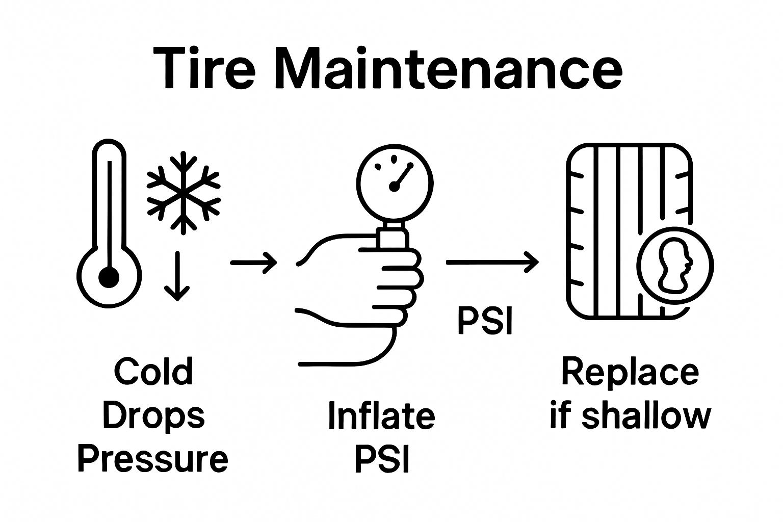 Infographic showing step-by-step winter tire check: measure pressure, adjust PSI, check tread depth.