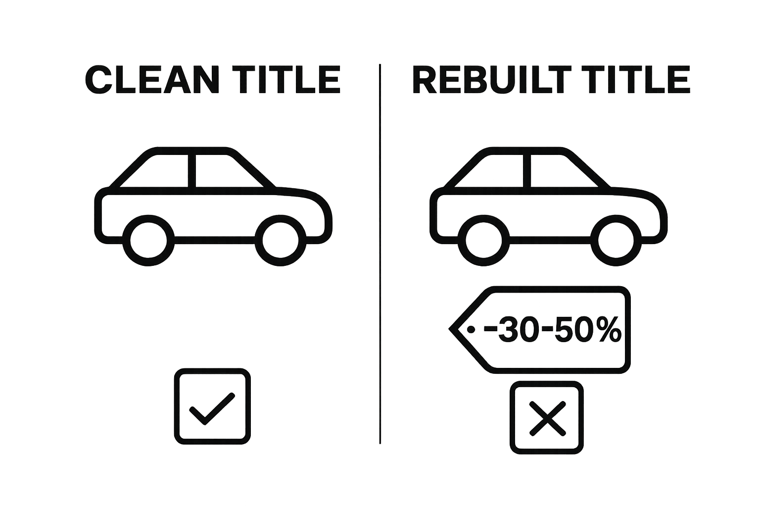 Infographic comparing clean title and rebuilt title car values and insurance