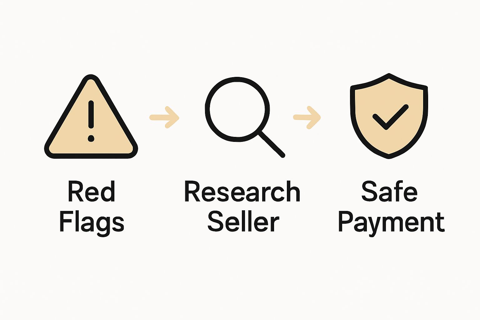 Infographic showing steps to avoid car buying scams: red flags, research, safe payment