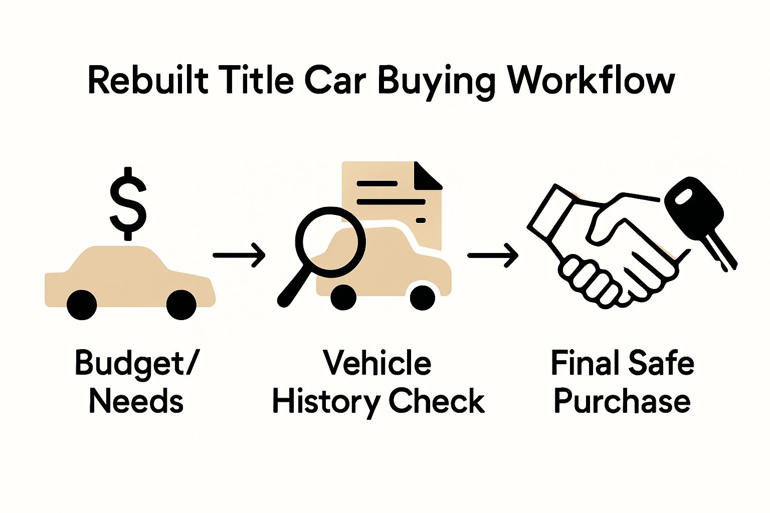 Simple 3-step infographic: budget, check, buy