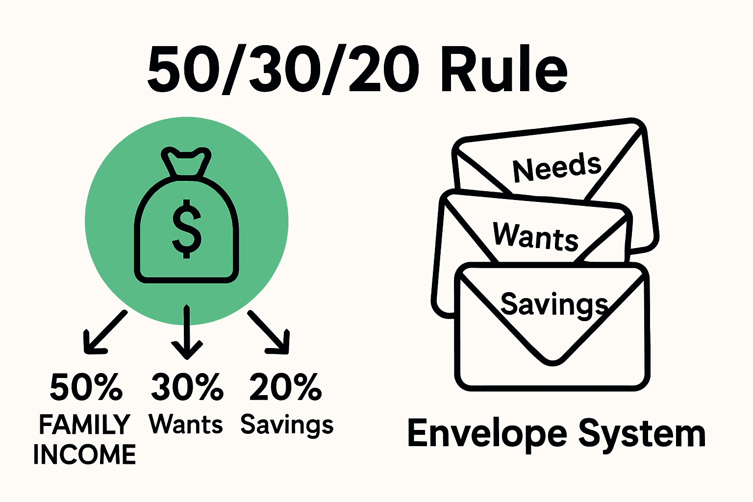Infographic showing the 50/30/20 rule vs. envelope budgeting.