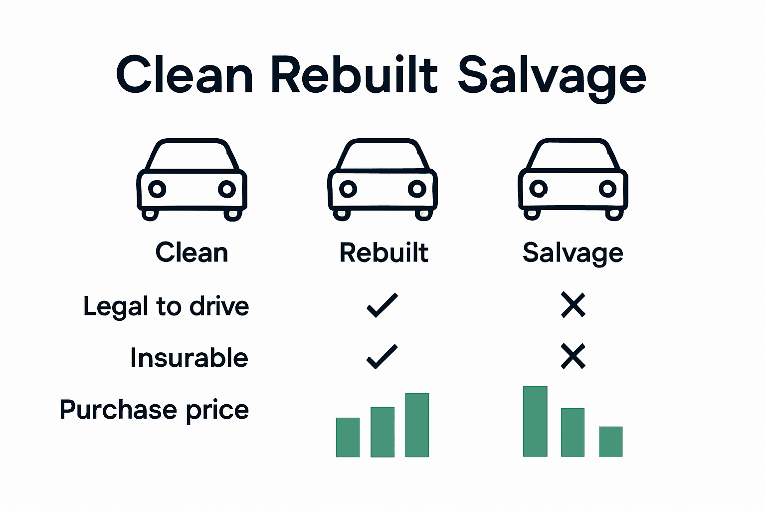 Infographic comparing clean, rebuilt, and salvage car titles
