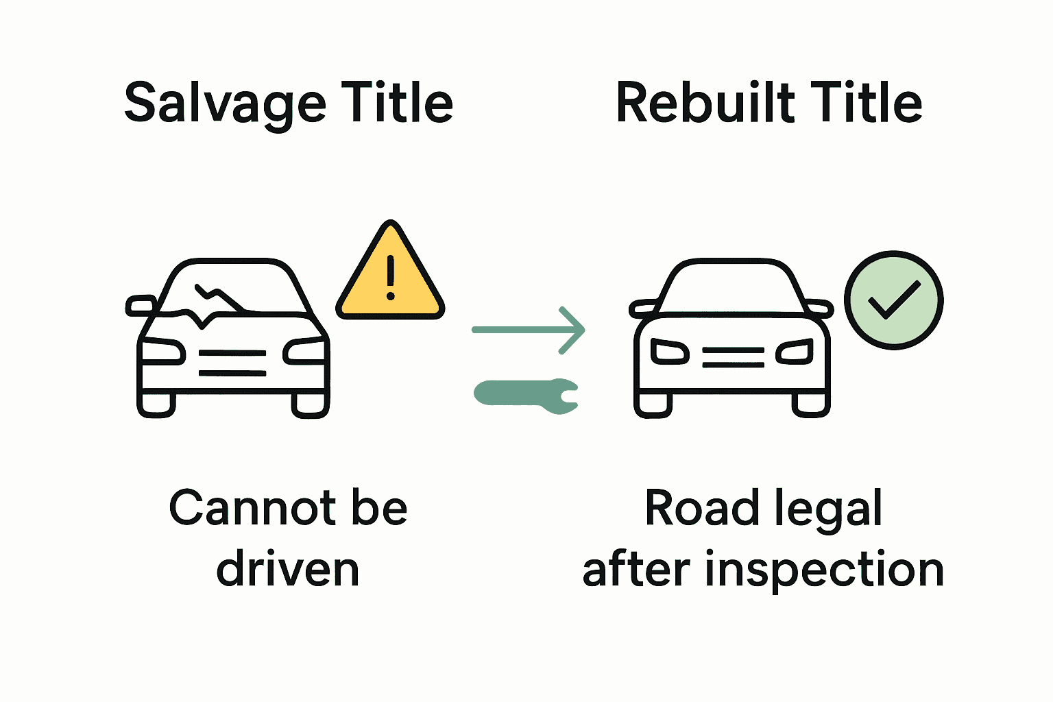 Infographic comparing salvage and rebuilt vehicle titles with icons and key points highlighted.