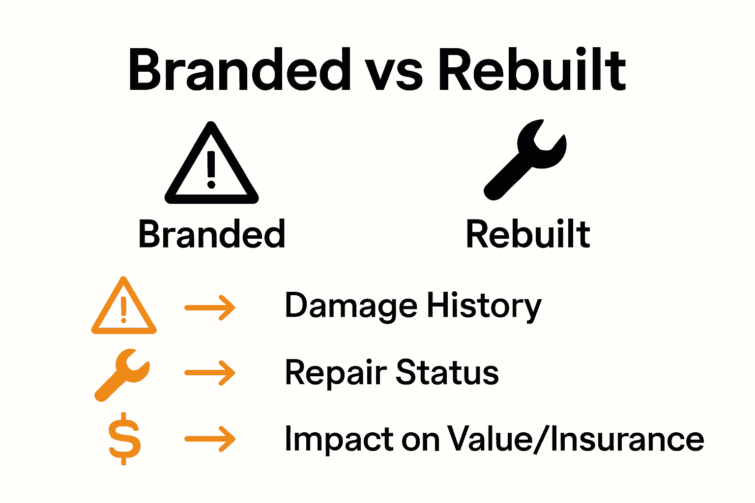 Icons and arrows comparing branded and rebuilt vehicle titles.