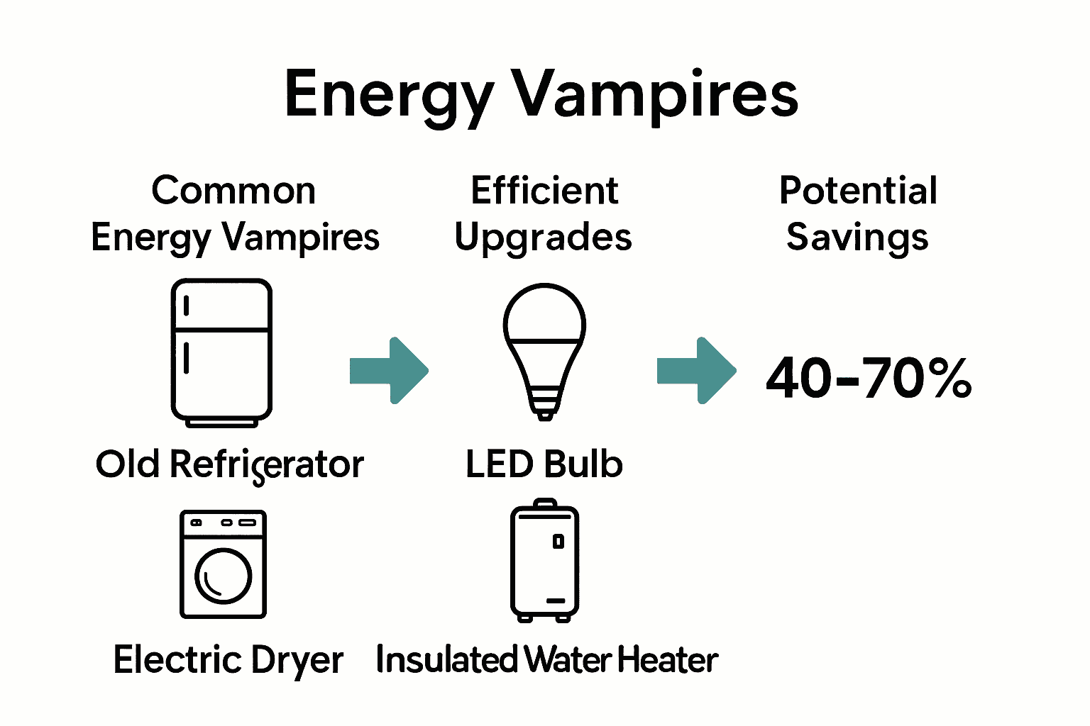 Comparison infographic showing top appliance power consumers versus low-cost energy upgrades and their savings.
